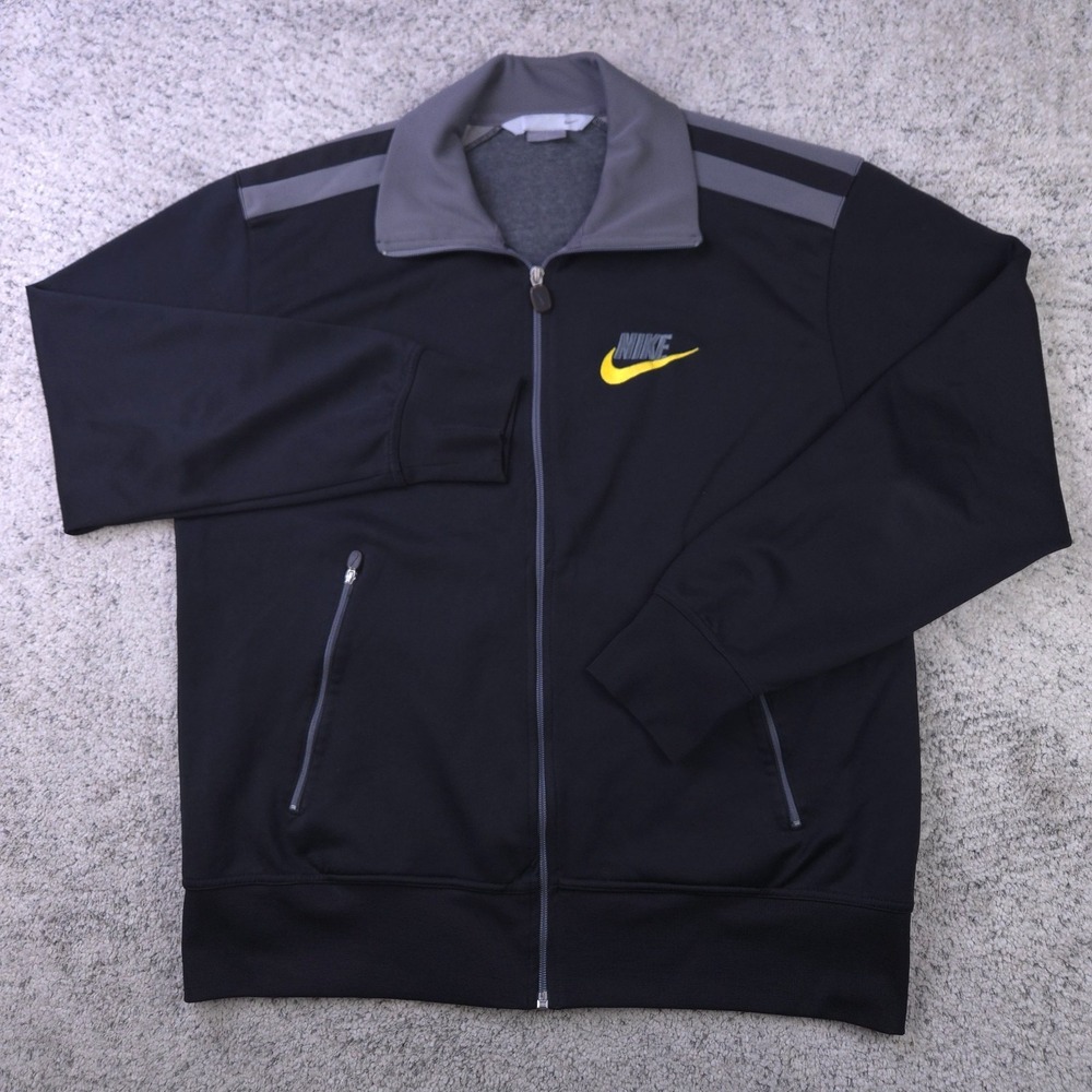 VTG Nike Track Jacket Mens XL Full Zip Silver Tag Lined Black Yellow Logo Y2K